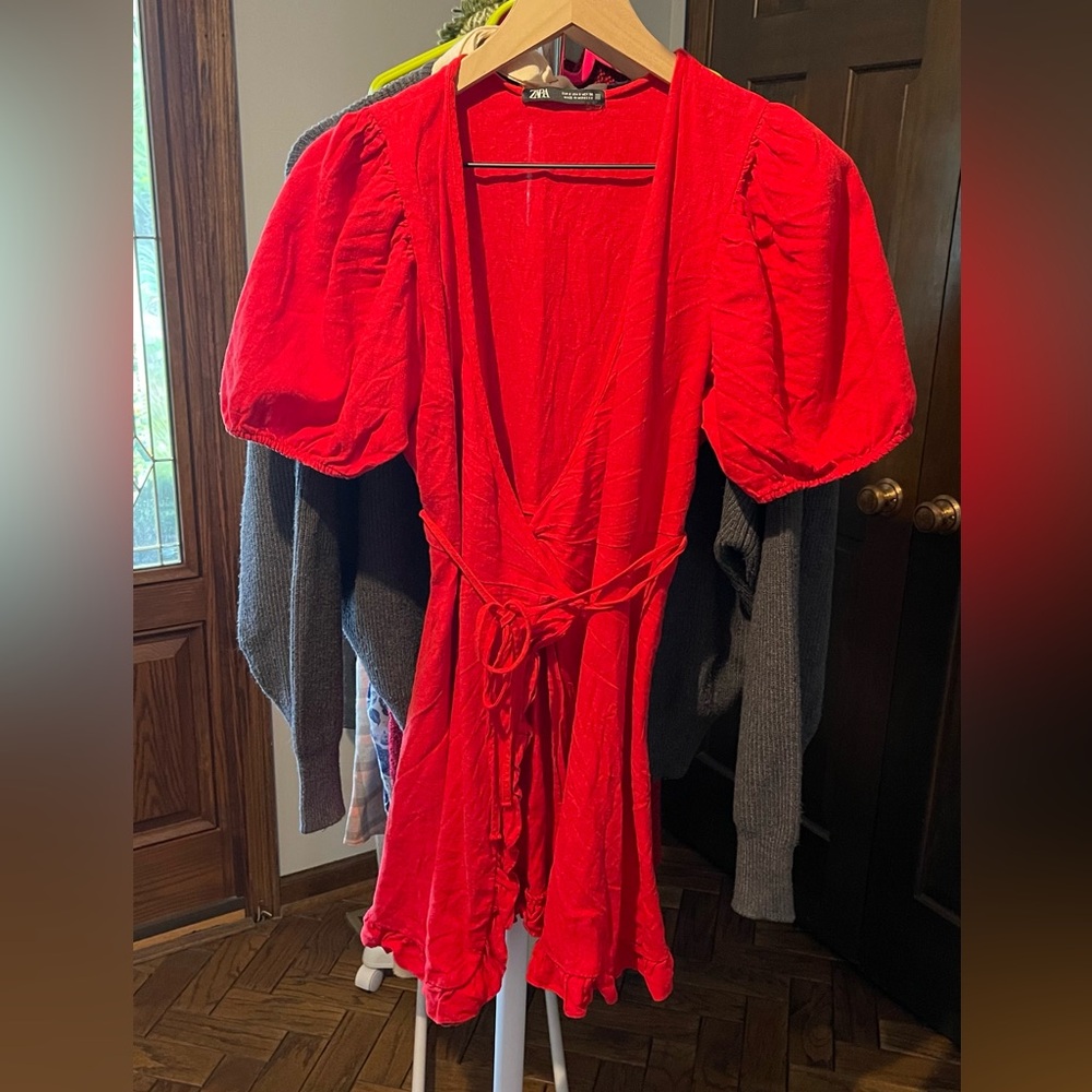 Zara Red Puff Sleeve Wrap Sundress